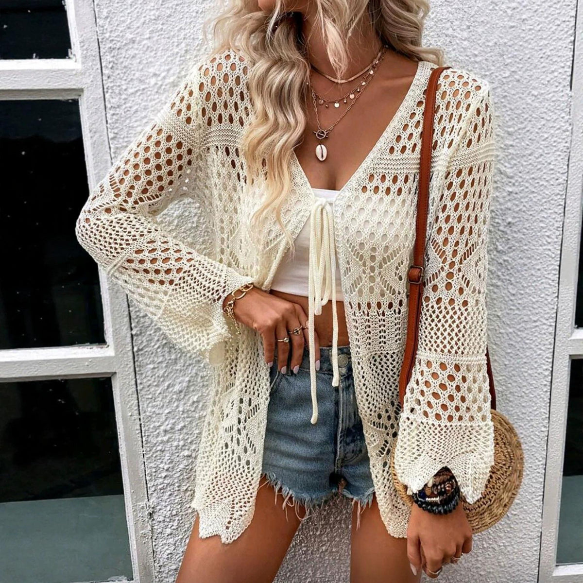 V-neck Long-sleeve Sun-protective Cover-up Beach Cardigan