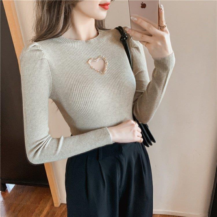Women's Hollow Heart Beaded Slim-Fit Knit Pullover Sweater