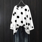 Polka Dot Retro Long‑Sleeve Crew Neck Top – Classic White