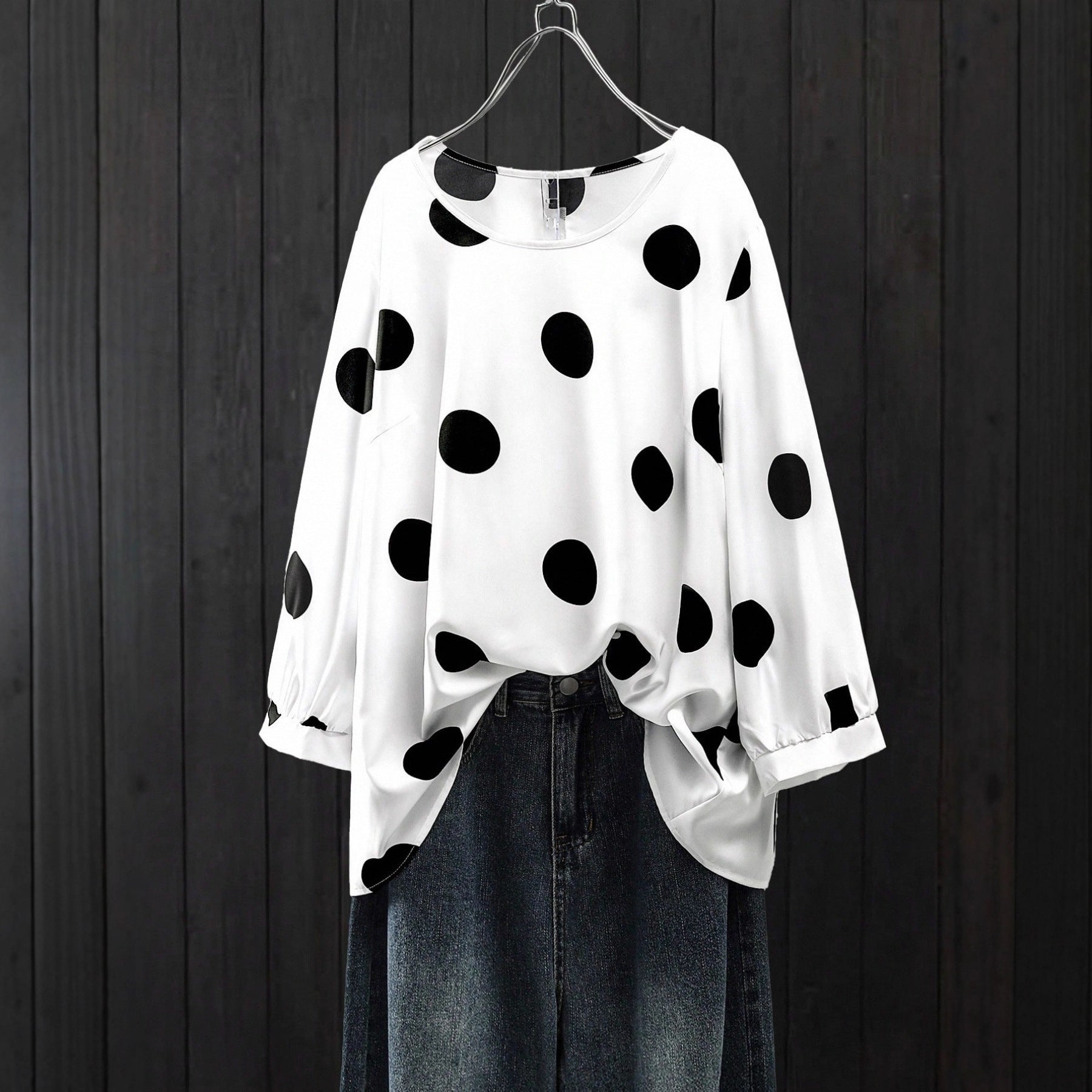 Polka Dot Retro Long‑Sleeve Crew Neck Top – Classic White