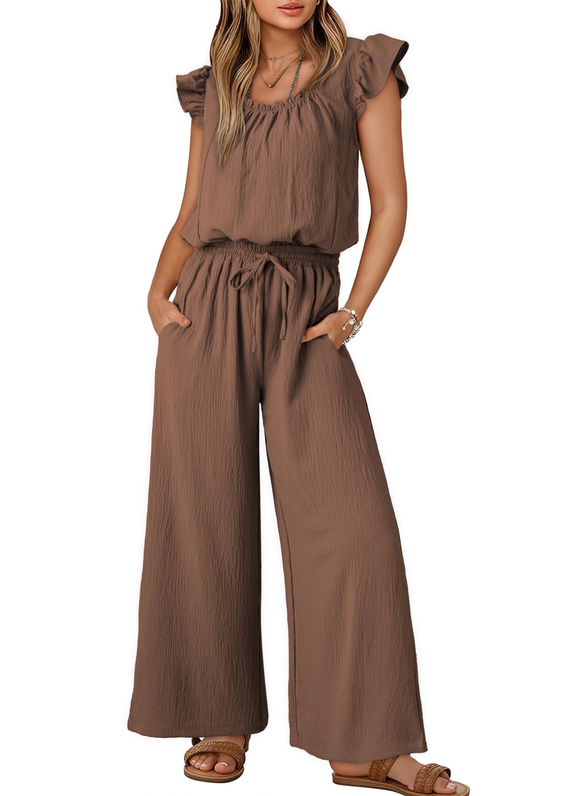 Chic Pleated Square Collar Camisole & Wide Leg Jumpsuit
