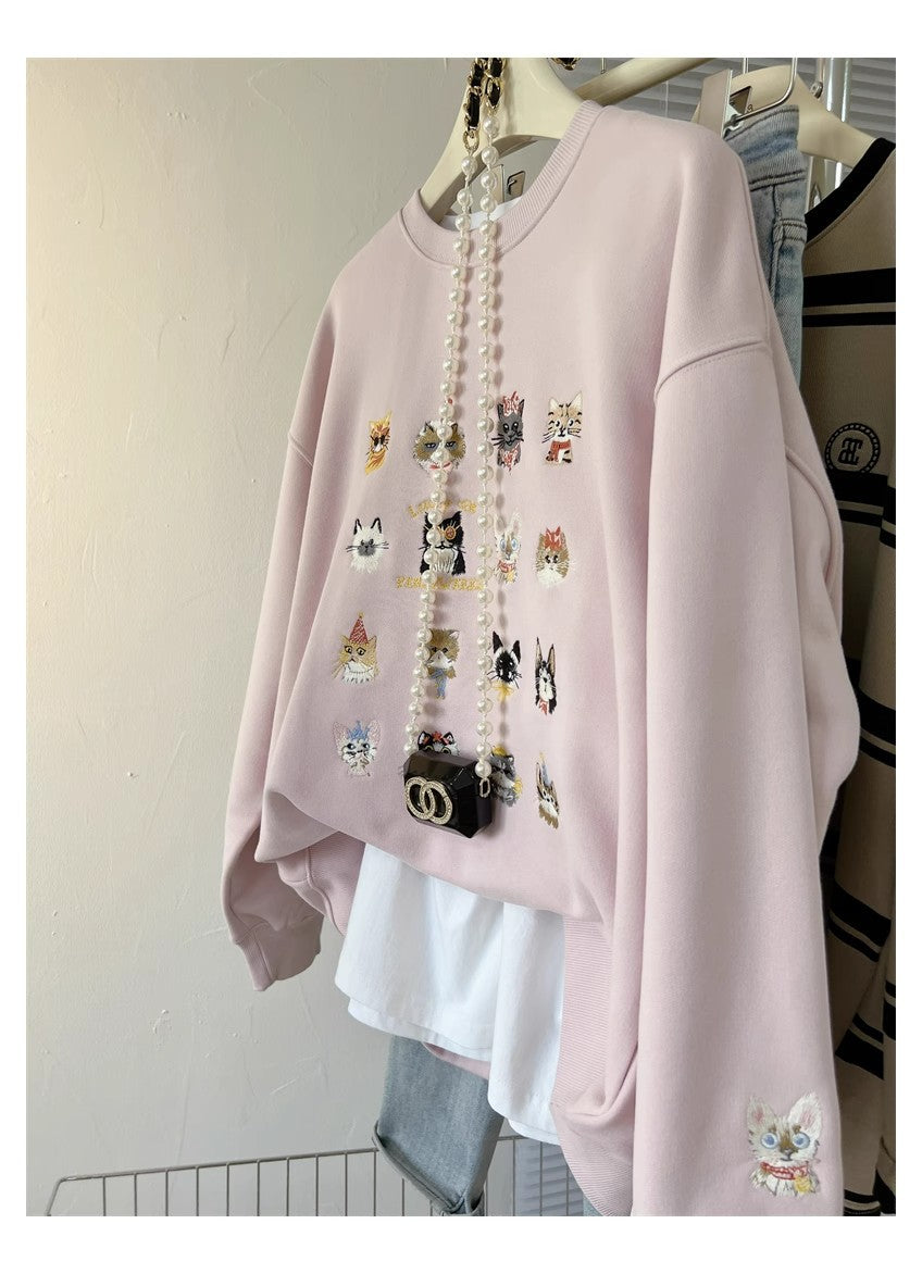 Cute Kitten Embroidered Loose Streetwear Sweater Coat