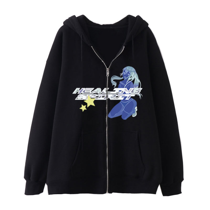 Butterfly Print Zip-Up Casual Hoodie
