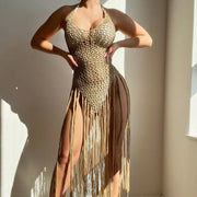 Hand-knitted One-piece Halter-neck Lace-up Tassel Maxi Dress
