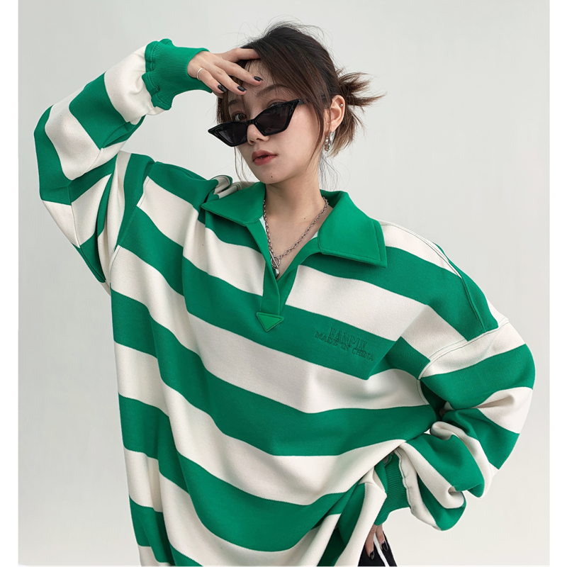 Men's Striped Embroidered Lapel Sweatshirt Pullover