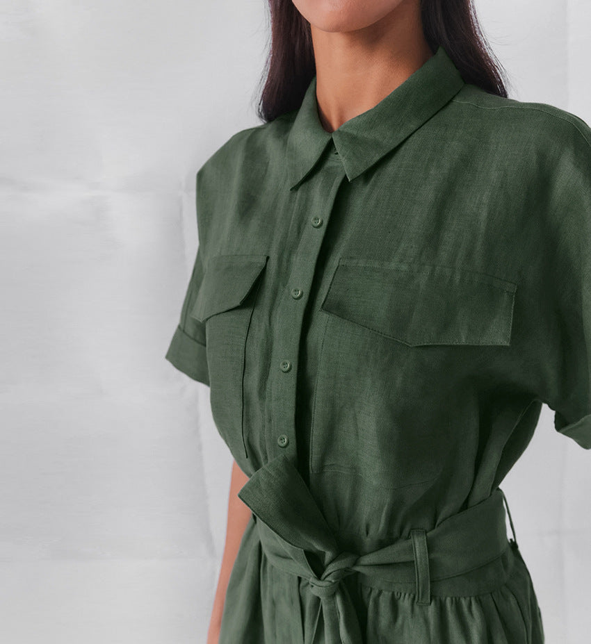 Women's Retro Lapel Wide-Leg Romper with Lace-Up Waist