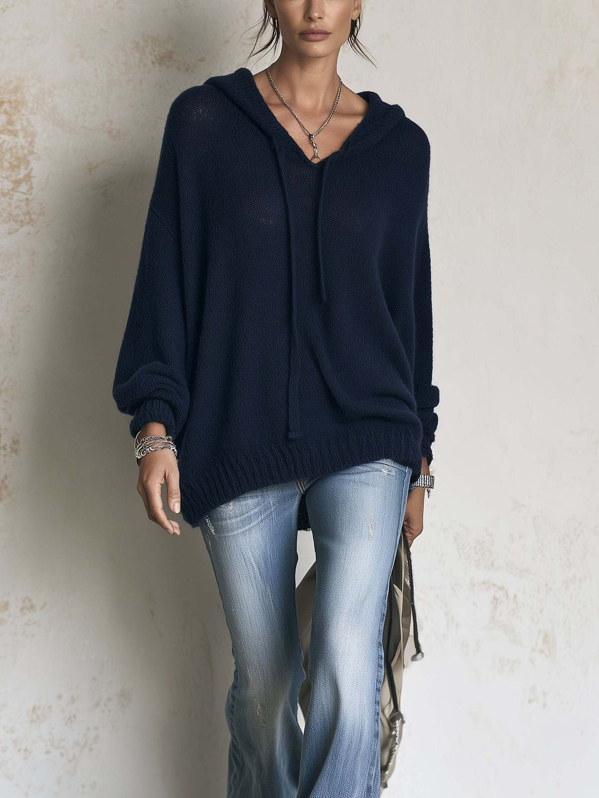 Womens Knitted Hooded Long-sleeve Sweater with Drawstring