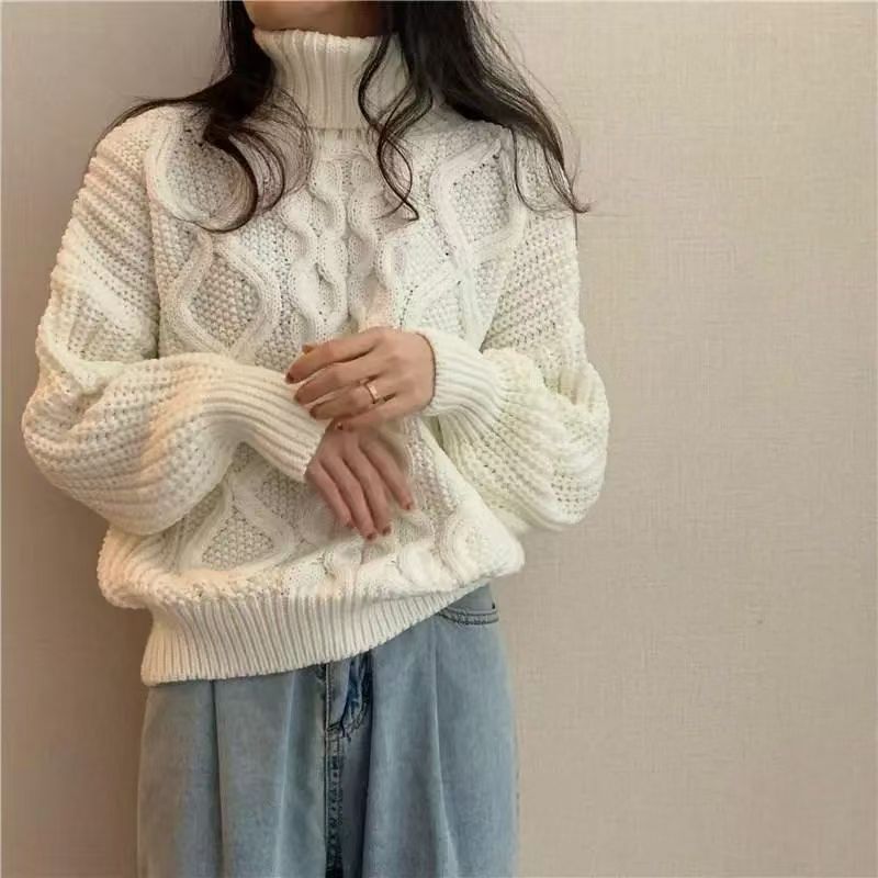 Retro Autumn and Winter Turtleneck Sweater Twisted Short Long-sleeved Sweater Top