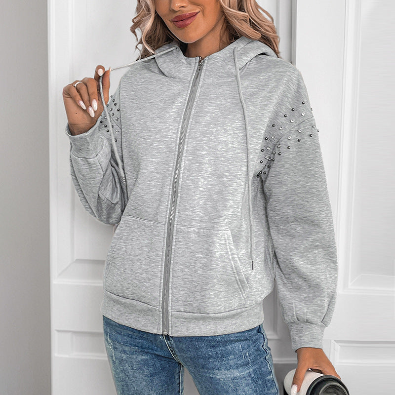Chic Rivet Hooded Long Sleeve Sweater for Women