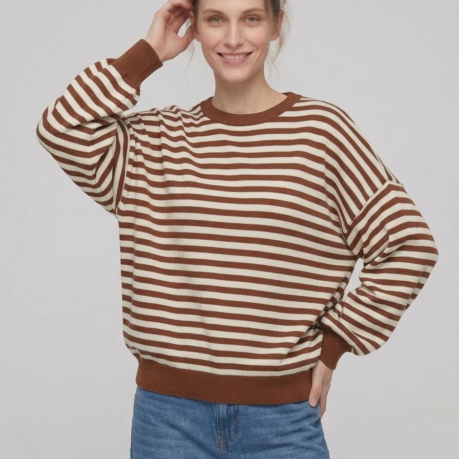 Backless Striped Color-block Long-sleeve Knitted Sweater for Women