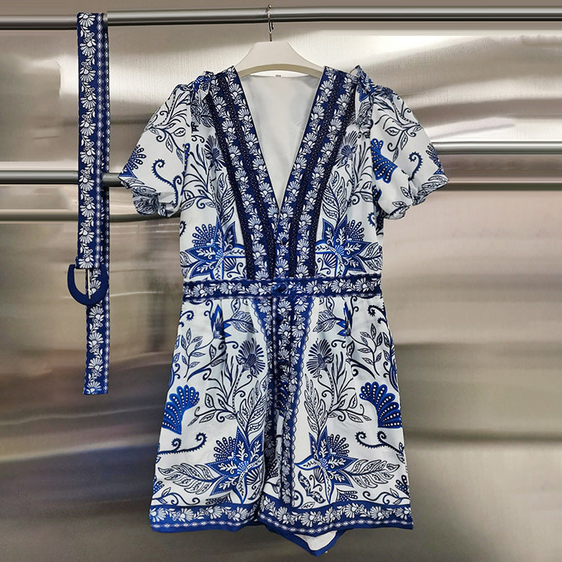 Vintage Print Ruffled Fly-Sleeve Jumpsuit for Women