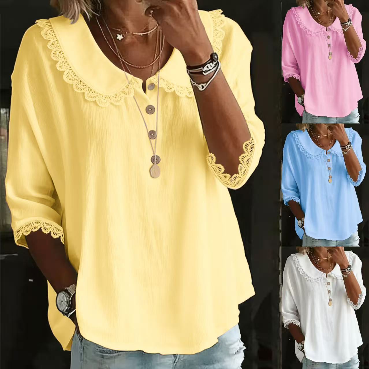Fashionable Collar With Lace Trim Blouse Tops For Women Spring Summer Solid-Color Button-Up Shirt