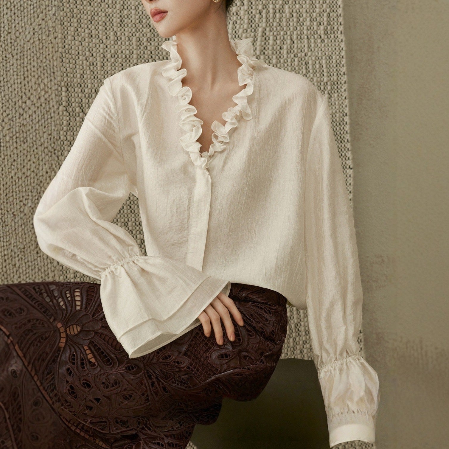 Satin Ruffled-edge Sweetheart-neck Lightweight Sheer Blouse