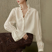 Satin Ruffled-edge Sweetheart-neck Lightweight Sheer Blouse