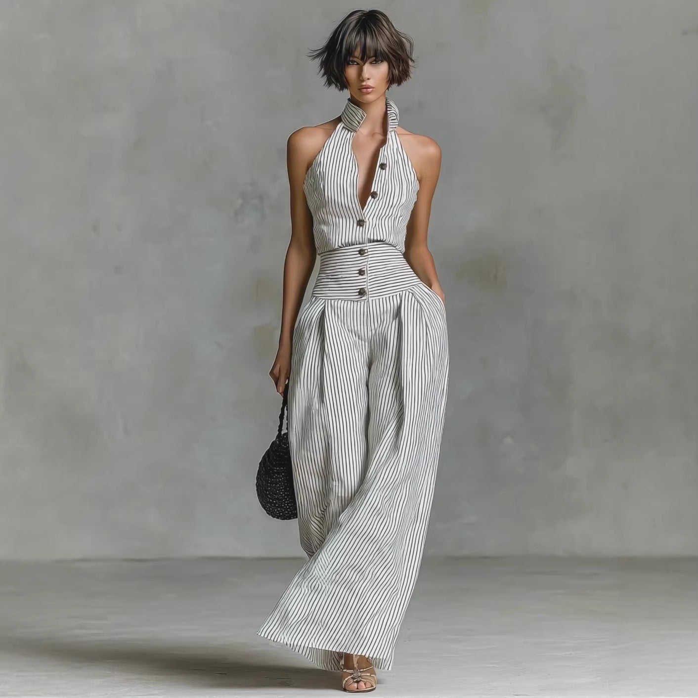 Button-front Sleeveless Shirt High-waisted Wide-leg Slim-fit Jumpsuit