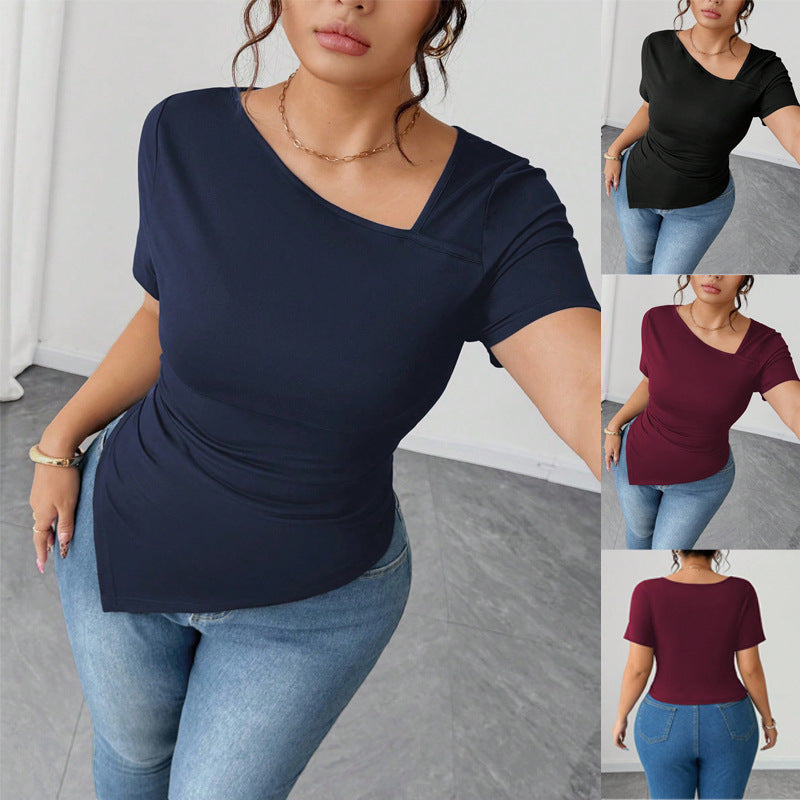 Slimming V‑Neck Loose‑Fit Short‑Sleeve Tee – Solid Color