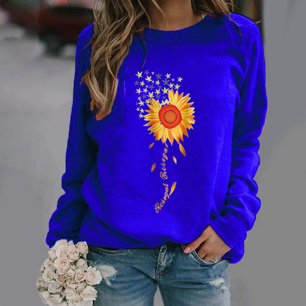 Women's Sunflower Print Long Sleeve Crew Neck Sweater