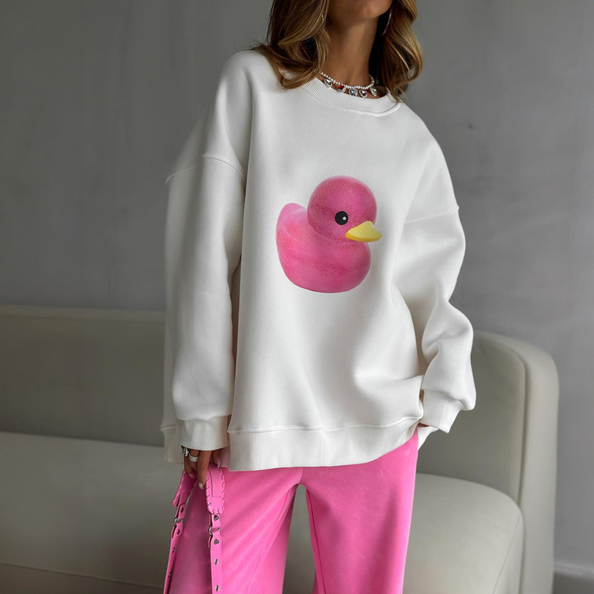 Cute Duck Print Oversized Cotton Women's Sweater