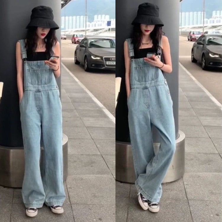 Plus Size High Waist Wide Leg Denim Suspender Pants