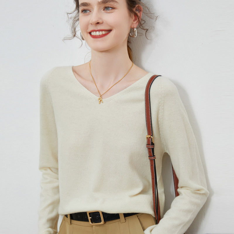 Pure Wool V-Neck Long-Sleeve Sweater for Women