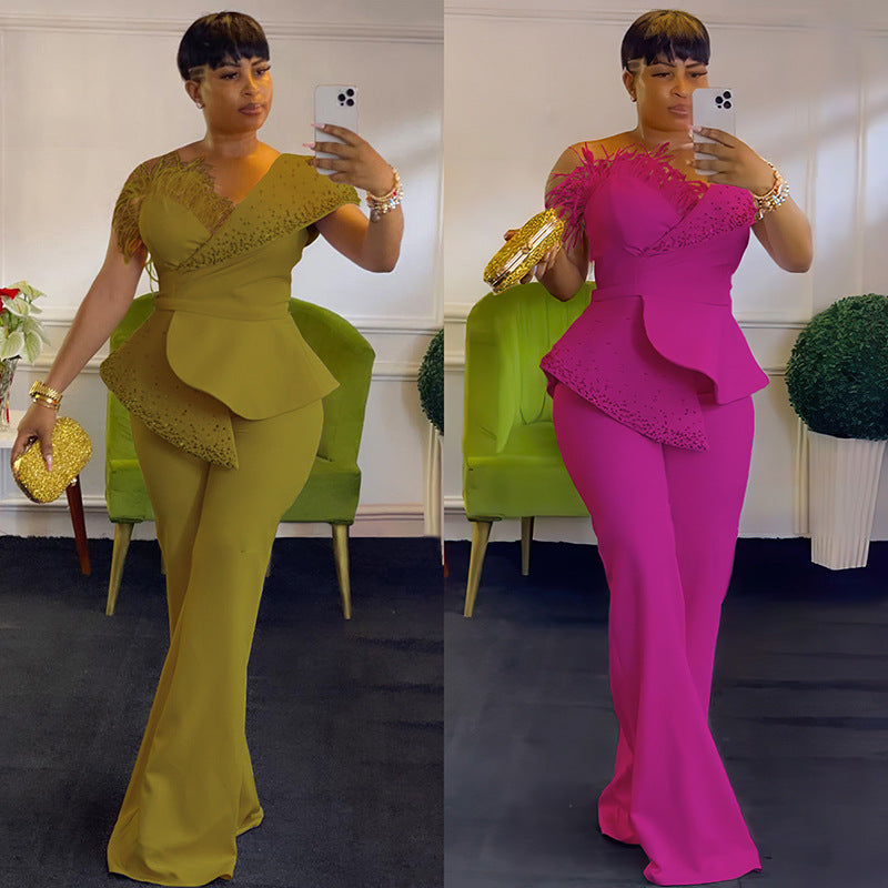 Feather Off-Shoulder High Waist Casual Jumpsuit
