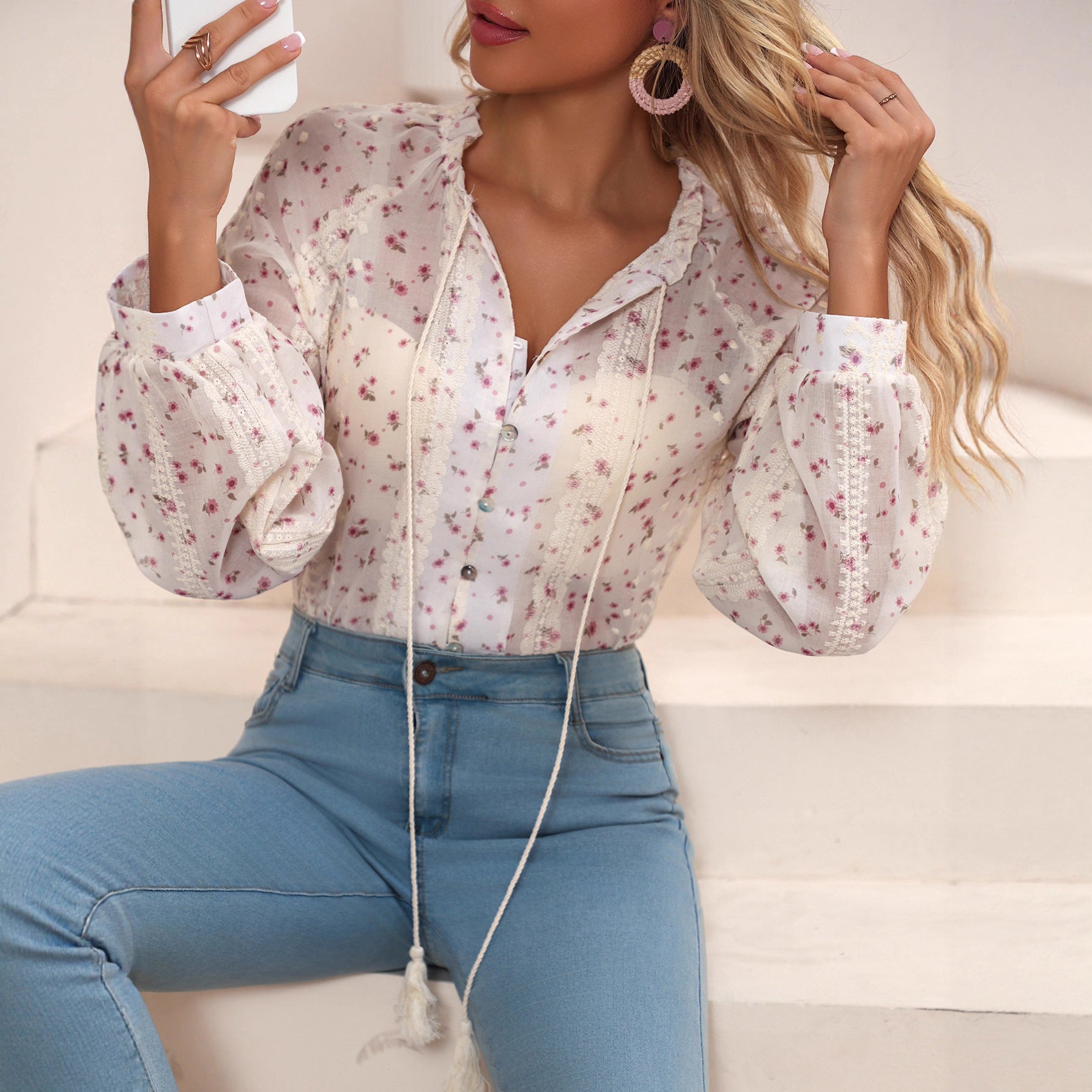Womens Casual V-Neck Embroidered Shirt With Drawstring Trim