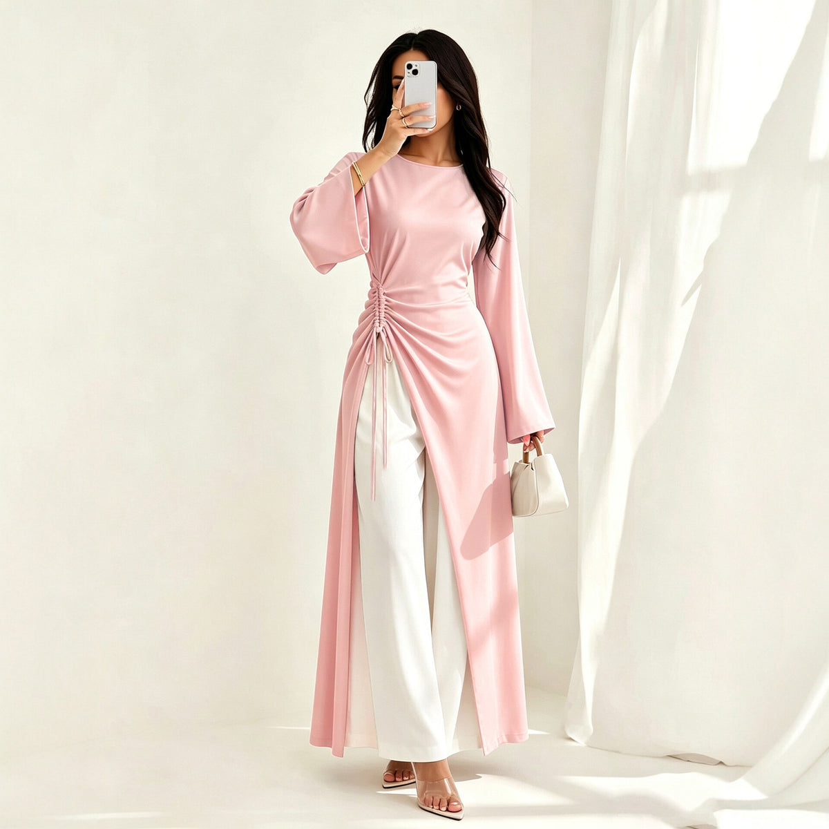 Elegant Dress with Side Drawstring Waist Flared Sleeves and a Slit…