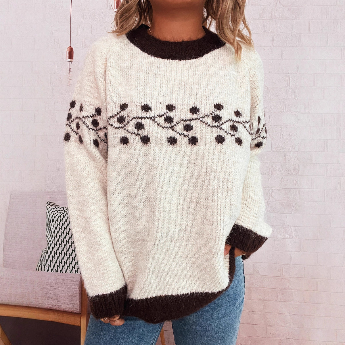 Autumn and Winter New Polka Dot Branch Jacquard Commute Leisure Sweater