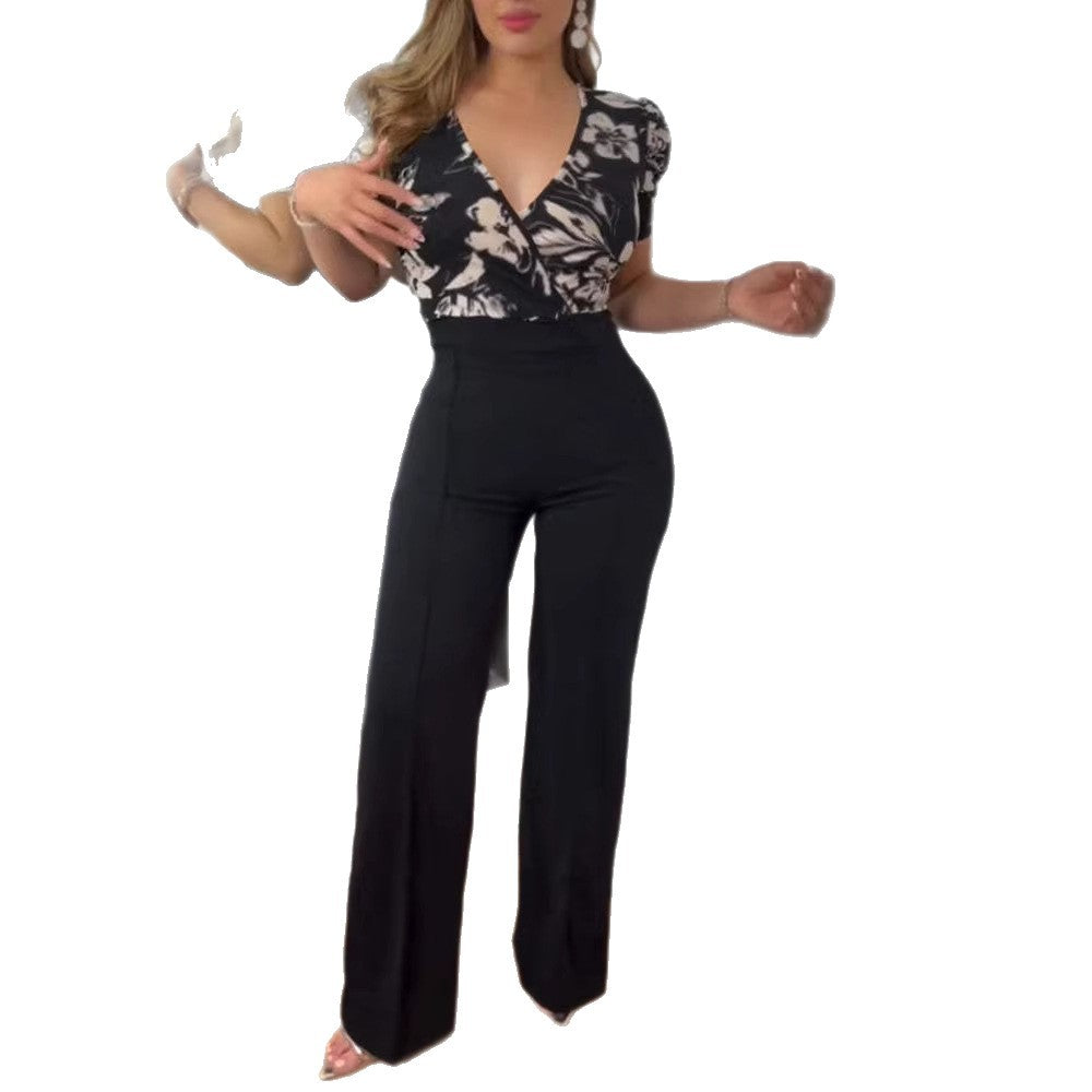 Chic Black Short-Sleeve Cropped Jumpsuit & Pants