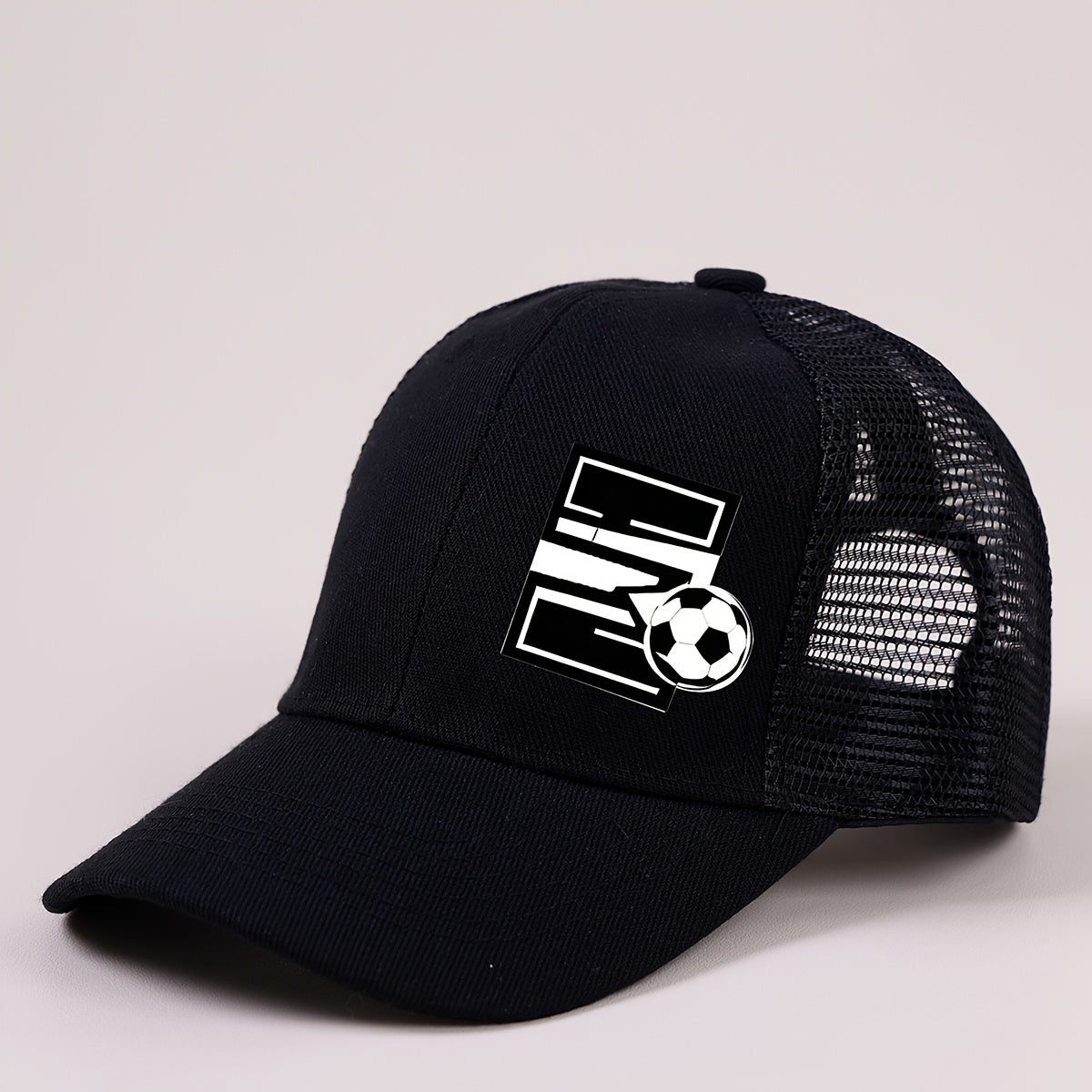 Boys Mesh Baseball Cap with A‑Z Letter and Soccer Ball Print, Unisex Sunvisor, Black