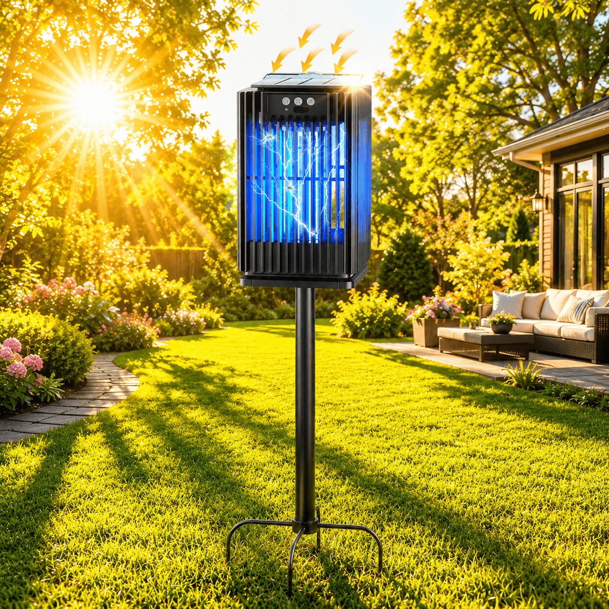 Solar Outdoor Bug Zapper with Ground Bracket, Cordless Design, Illuminated Light and 5000mAh Rechargeable Battery