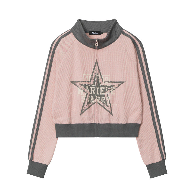 Retro Pink Star Contrast-Trim Cardigan Sweater