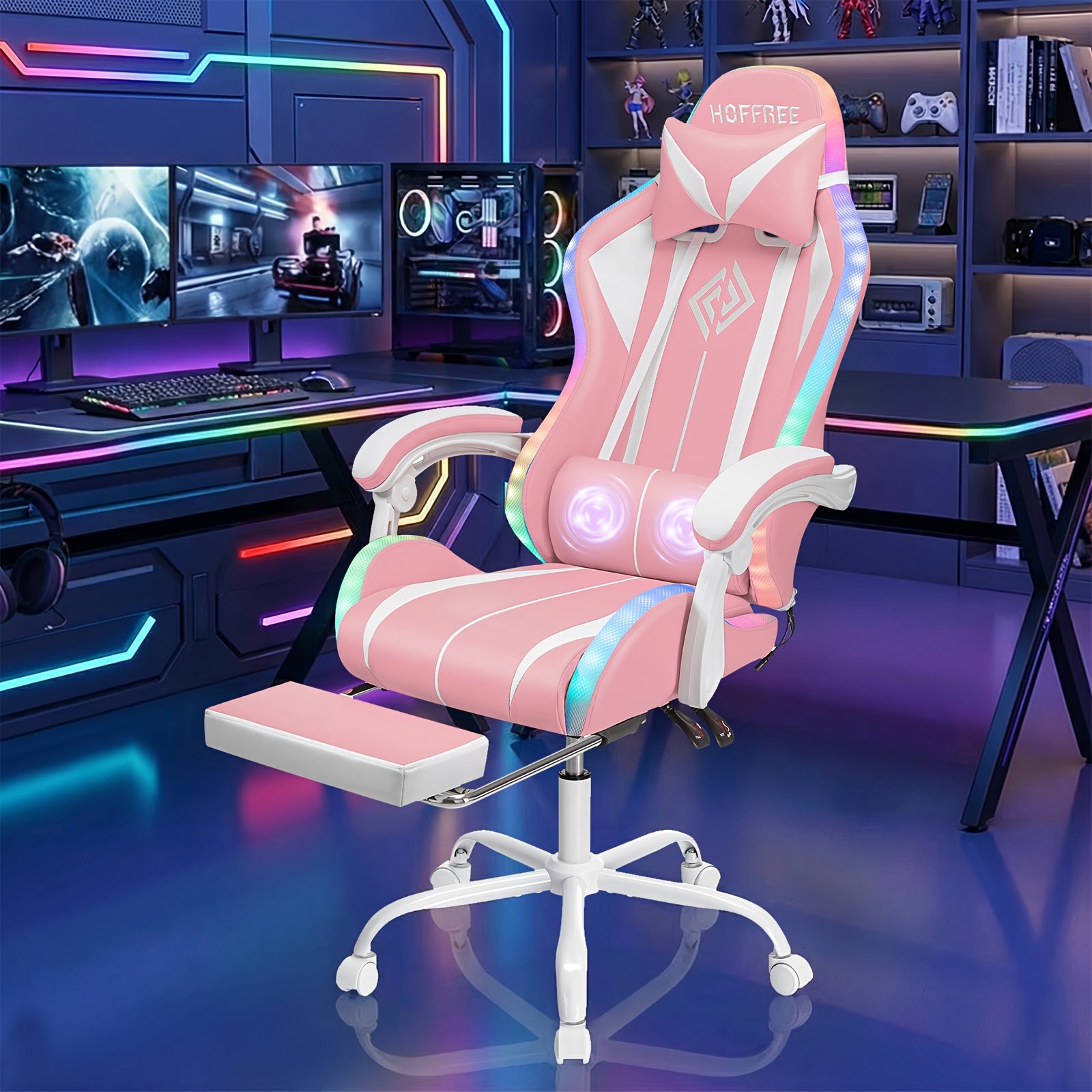 RGB Gaming Chair with LED Lights, Massage, High Back, Footrest, Adjustable Lumbar Support and Armrests