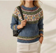 Retro Crew-neck Knit Sweater From Europe and the Us Casual Relaxed Fit Color-block Long-sleeve Pullover