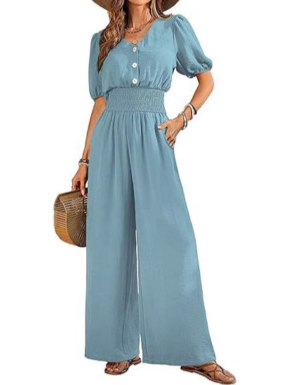 Chic Lapel Waist-Cinched Short-Sleeve Jumpsuit