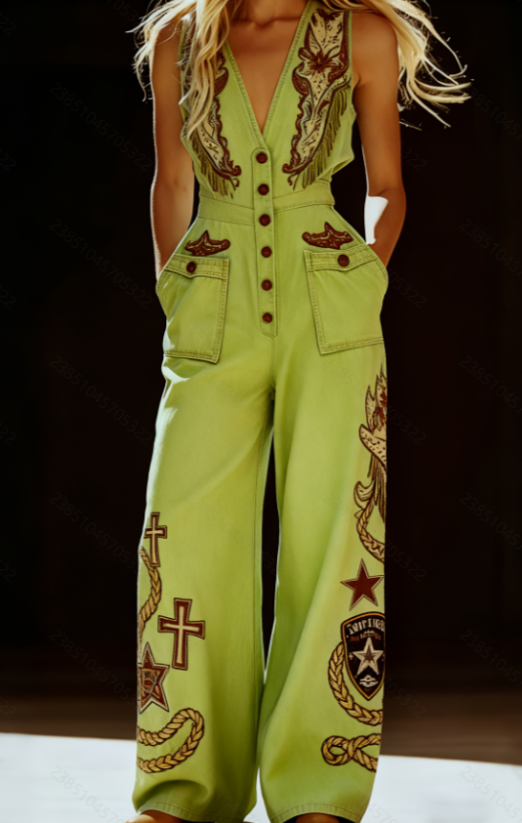 Womens V-Neck Sleeveless Wide-Leg Denim Jumpsuit