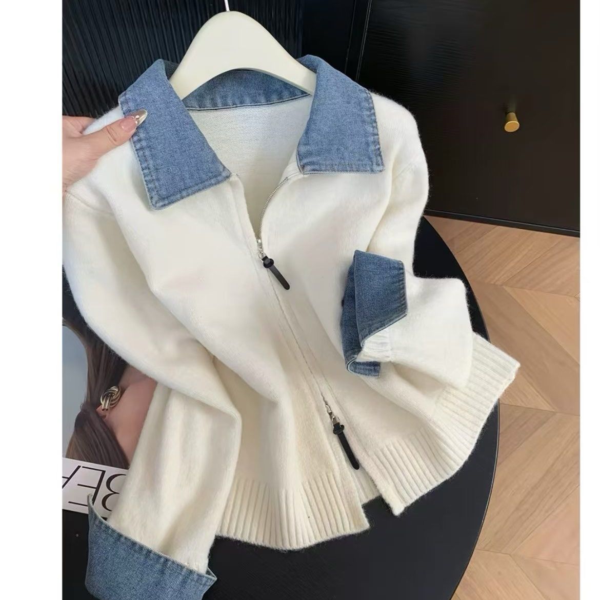 Retro Denim Panel Knit Cardigan