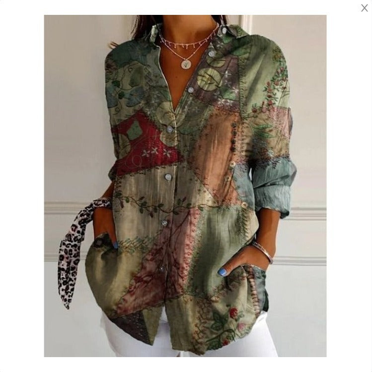 Women's 3D Digital Printing Fashion European And American Style Lapel Long Sleeve Shirt