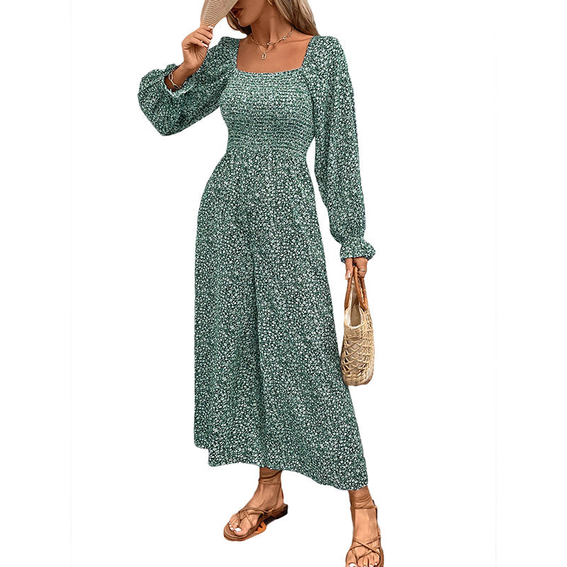 Square-neck Puffed-sleeve Wide-leg Pants Long-sleeve Resort-style Floral Jumpsuit