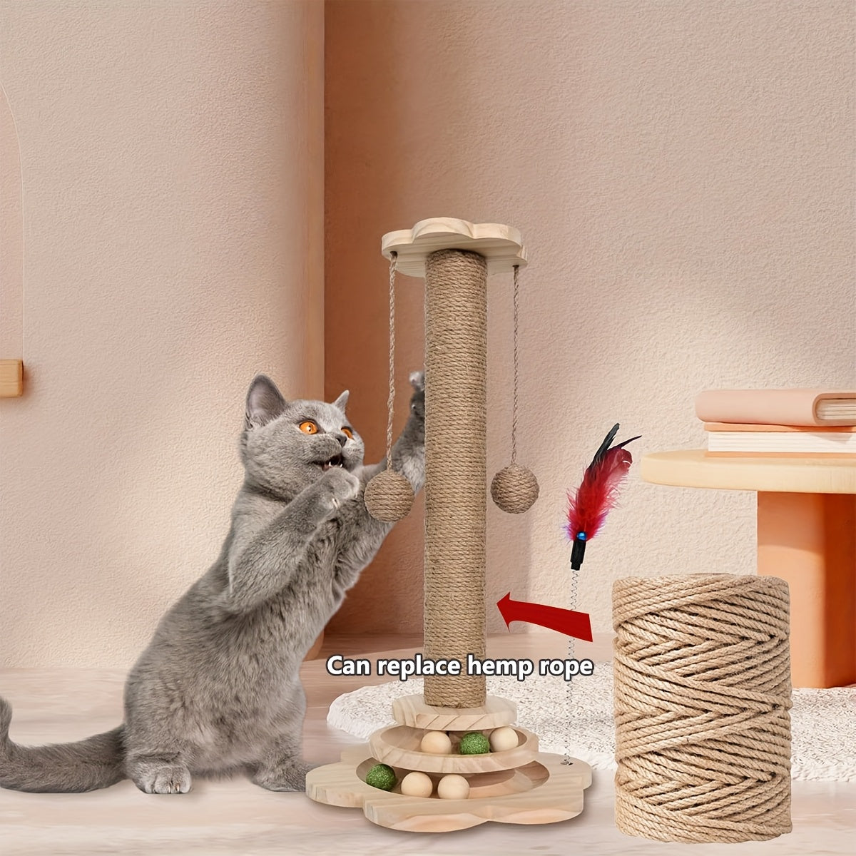 1Pc Durable Replacement Cat Scratching Post With With Long 7874.02Inch Cord (Jumbo Roll) - Multi-Tier Cat Tree For Climbing & Resting, Safe For Sofa, Reusable Pet Furniture Gift For Cats, For Exist...