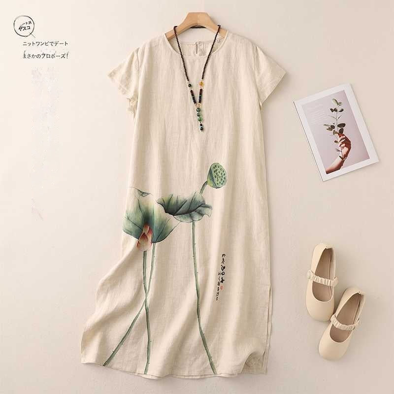 Hand-Painted Lotus Ink-Wash Linen Dress