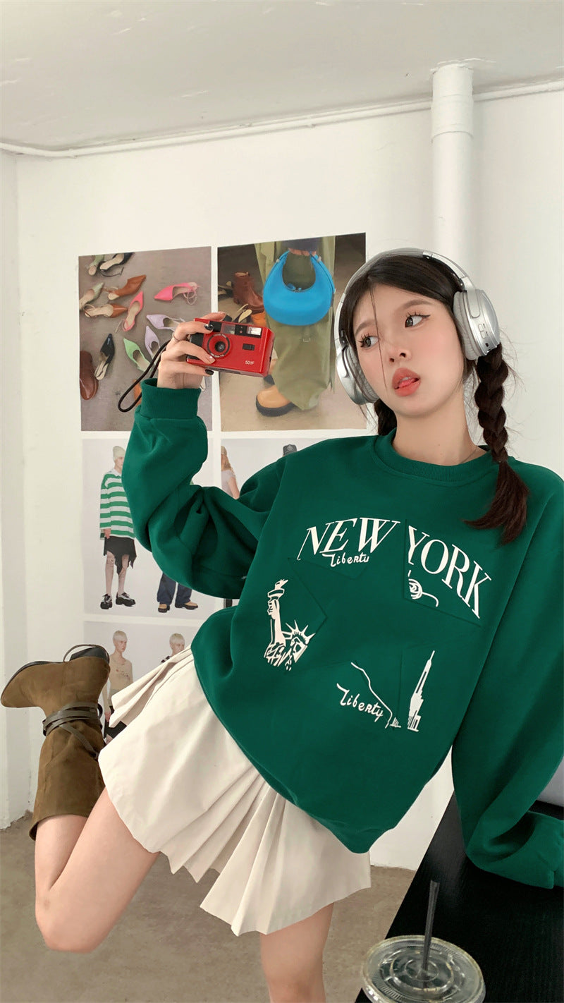 Printed Sweater Early Autumn New Retro Loose All-matching Slimming Top Women's Fashion