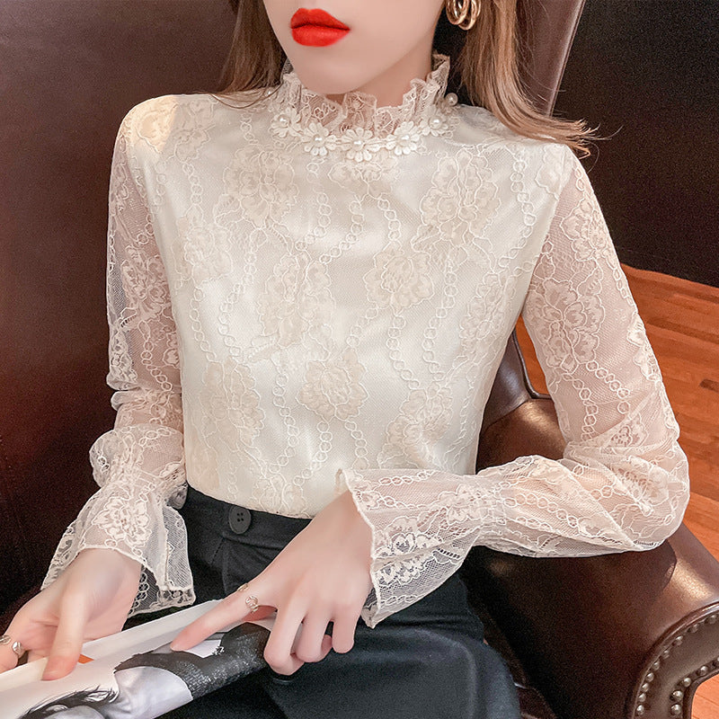 Fashion European Fleece-lined Thick Lace Bottoming Shirt Western Style Chiffon Small Shirt For Women