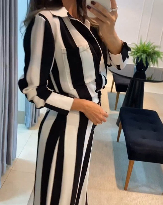 Chic Striped Button Shirt & Wide Leg Pants Set
