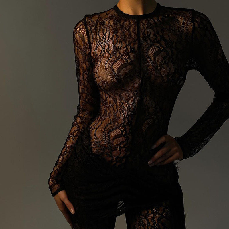 Chic Lace-Up Mesh Sheer Jumpsuit