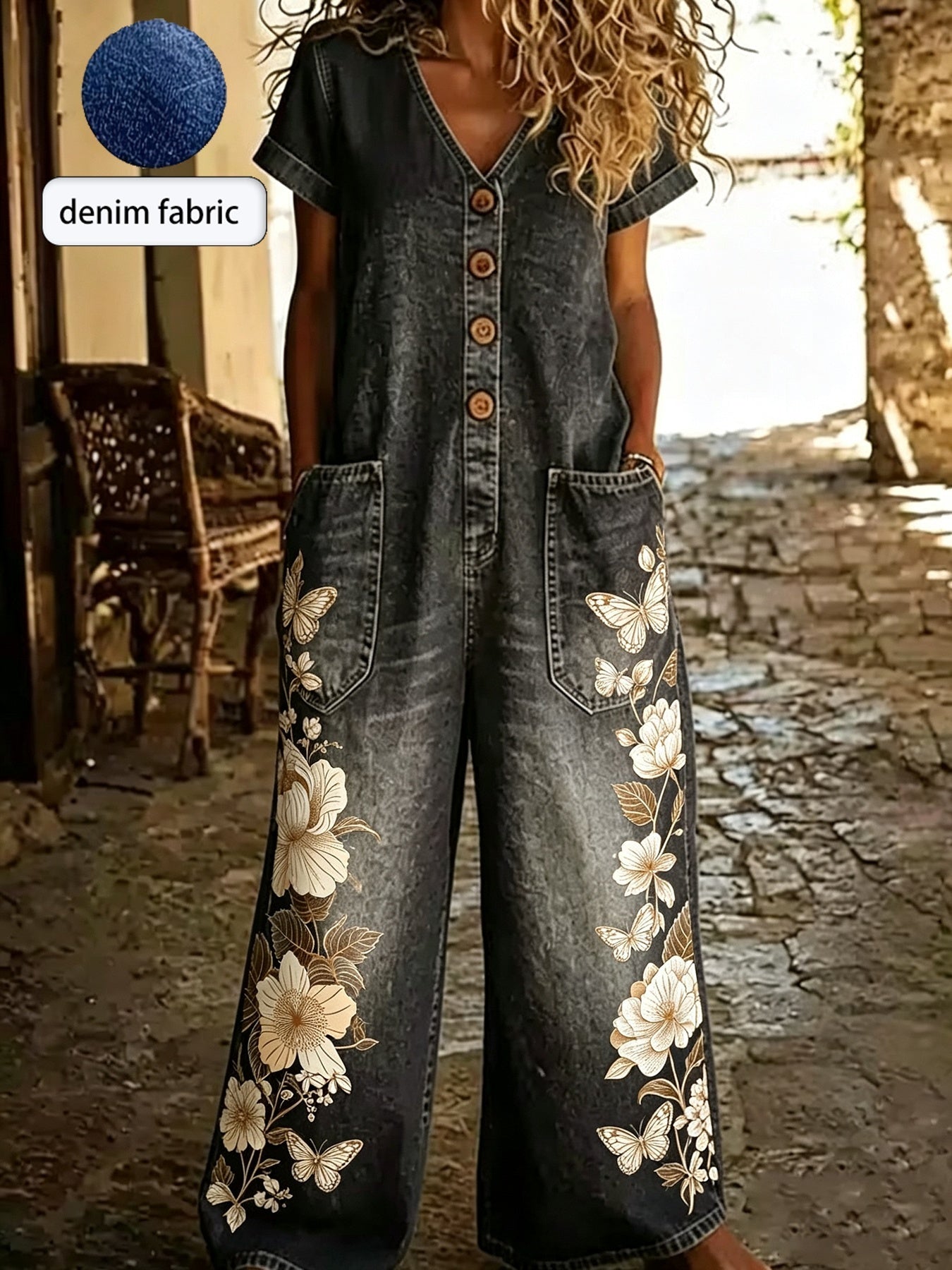 Casual Denim Wide-Leg Short Sleeve Jumpsuit with Pockets