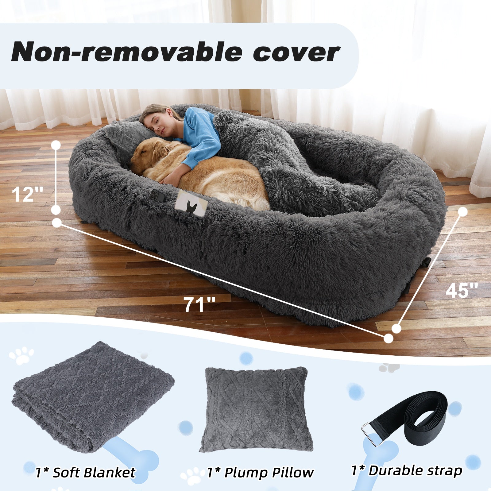 YAEM Human & Pet Dog Bed - Oversized Faux Fur Bed for Large Dogs & Owners, Washable with Plump Pillow & Blanket, Gray Bed Frame for /Pets, Storage Strap, Shared Space (Suitable