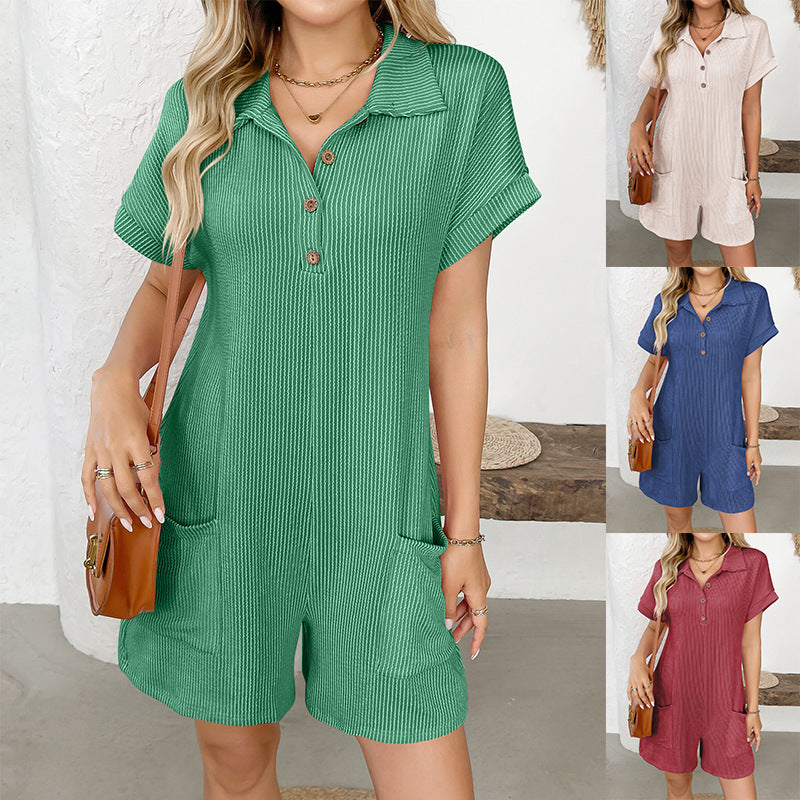 Turn-down Collar Buttoned Loose-fit Pocketed Short-sleeve Jumpsuit