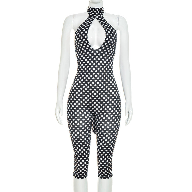 Womens Sexy Polka-dot Halterneck Three-quarter-length Jumpsuit