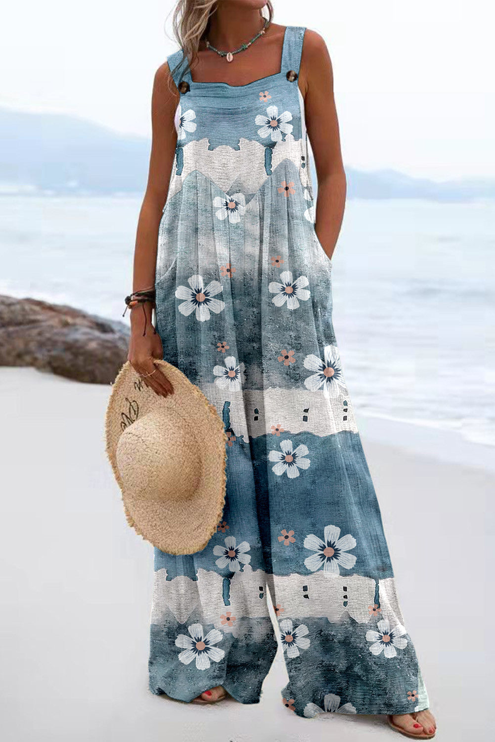 Chic Digital Print Button Romper with Wide Legs